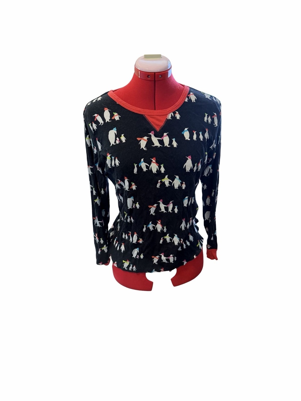 Black Penguin Print PJ Long Sleeve Top with Red Trim and matching fitted PJ pant